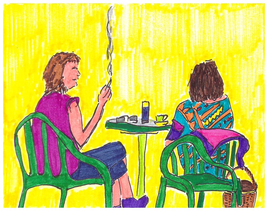 Die, Sylviane au café avec une amie - dessin JTF