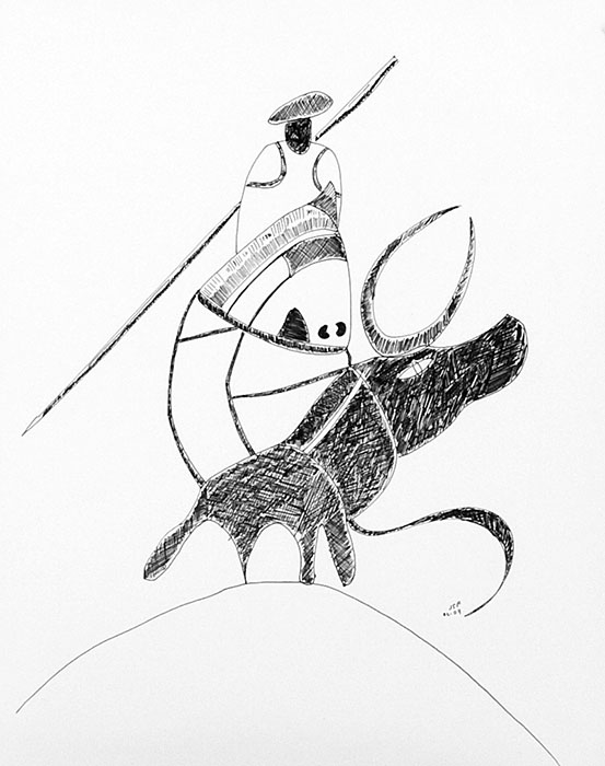 Le Picador, le cheval et le taureau, étude - dessin JTF