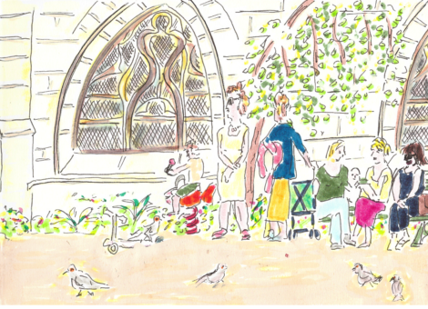 Le jardin, mamans, enfants et pigeons devant l'église.